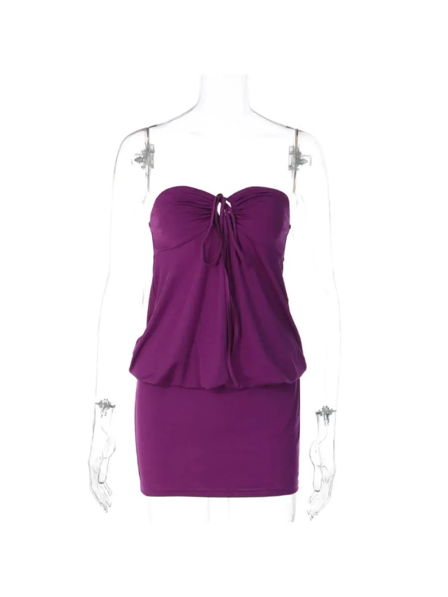 Summer 2026 New Hollow Drawstring Pure Purple Spicy Girl Short Dress Nightclub Party Daily Street Trend Leisure Vacation Date