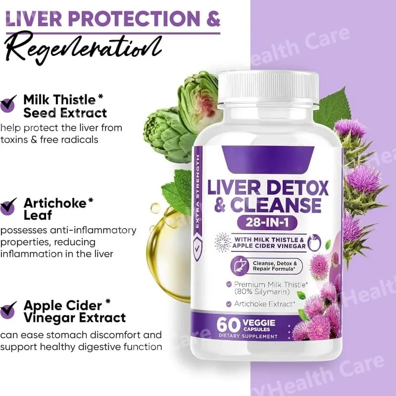 Mjölktistel 80 % Silymarin Kronärtskocka Äppelcidervinäger 28-i-1 Detox Rengör leverhjälp Formel Leverhälsotillskott Support — image 3