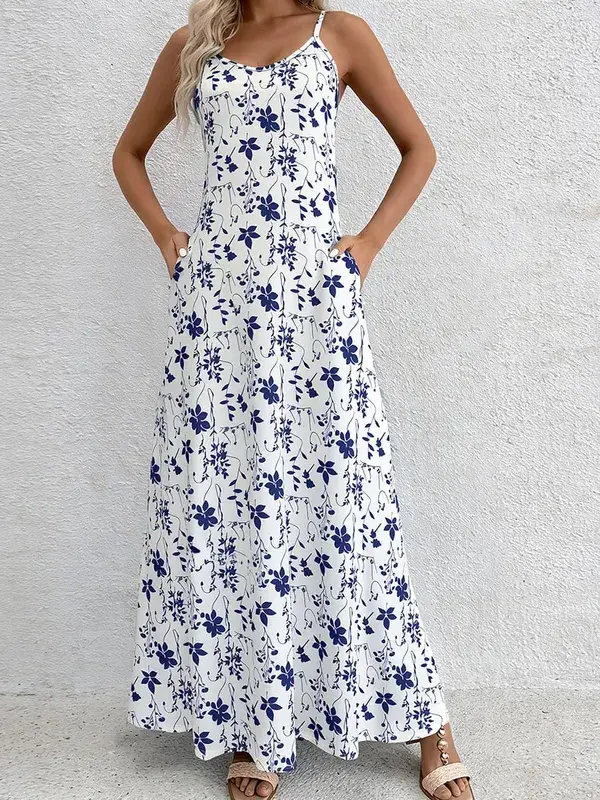 Women's Blue Floral Print Spaghetti Strap Maxi Dress Summer Casual Round Neck Flowy A-Line Sundress With Side Pockets