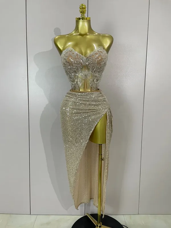 Brilhante lantejoulas miçangas sexy sem alças duas peças conjunto feminino noite celebrar boate festa de luxo vestido de aniversário traje de palco