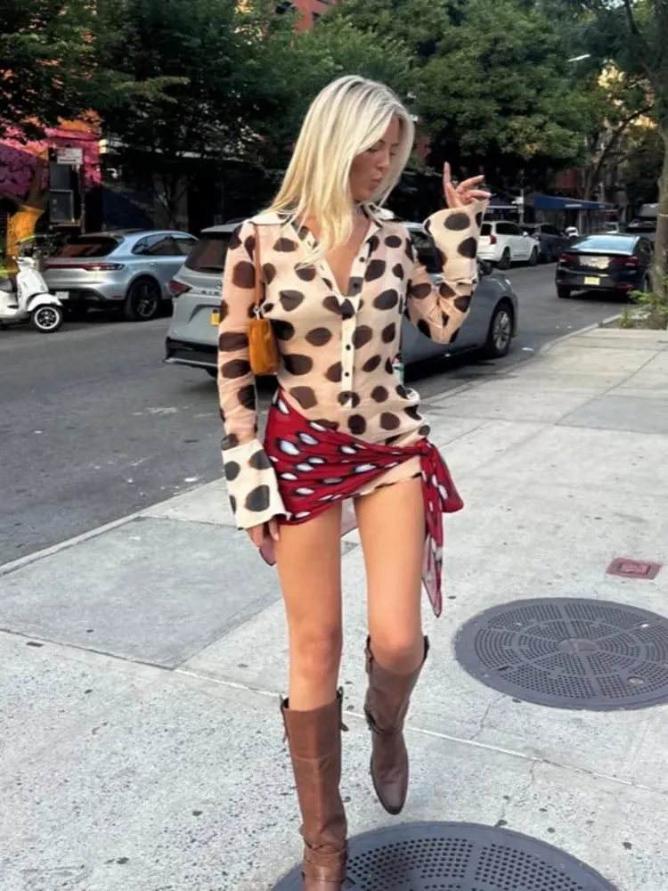 Sexy na naka-print na naka-istilong Shirt na Damit ng Babae na Buong Sleeve Turn-down na Collar Button na Nababakas na Scarf Dresses 2026 Summer Chic Female Robe — image 5
