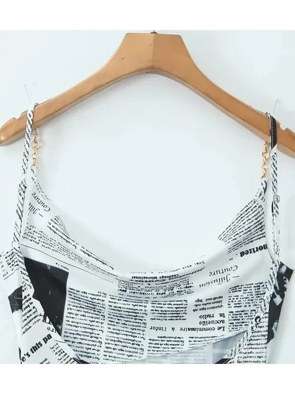 Bagong Pambabaeng Pahayagan ng Letter Print Irregular Hem Sling Dresses Fashion Backless Manipis na Straps Na May Chain Summer Sexy Dress KJH2 — image 7