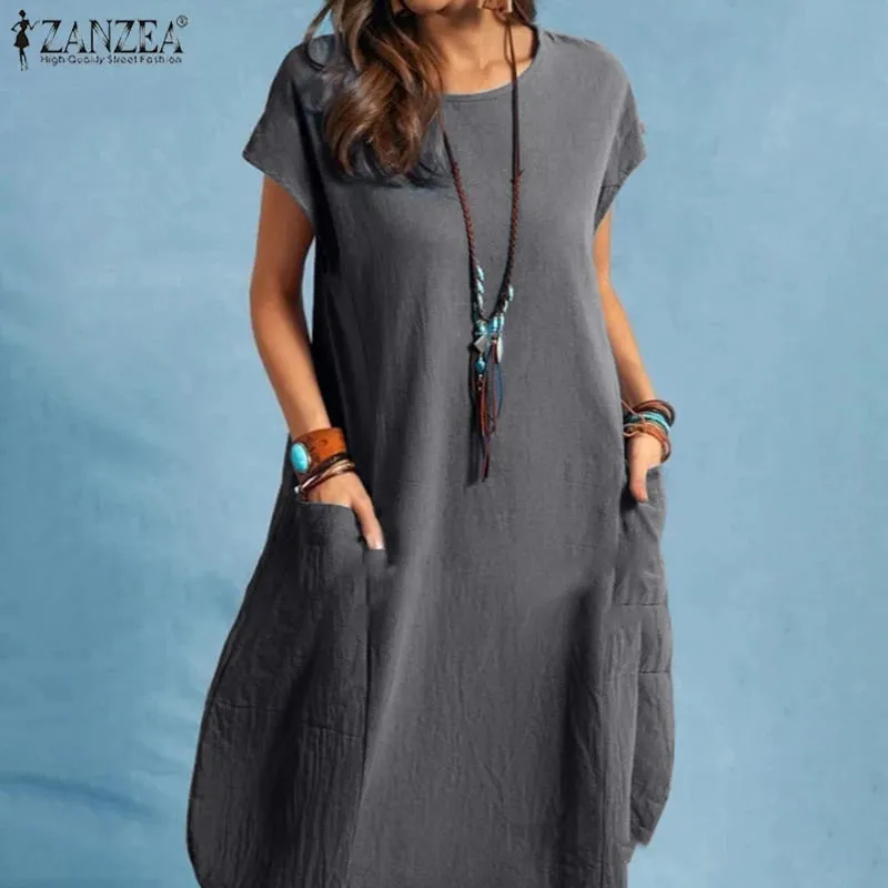 Summer Casual Cotton Dress for Woman O-Neck Short Cap Sleeve Loose Cotton Knee-Length Dress Vacation Day Wear Robes Femme — image 4
