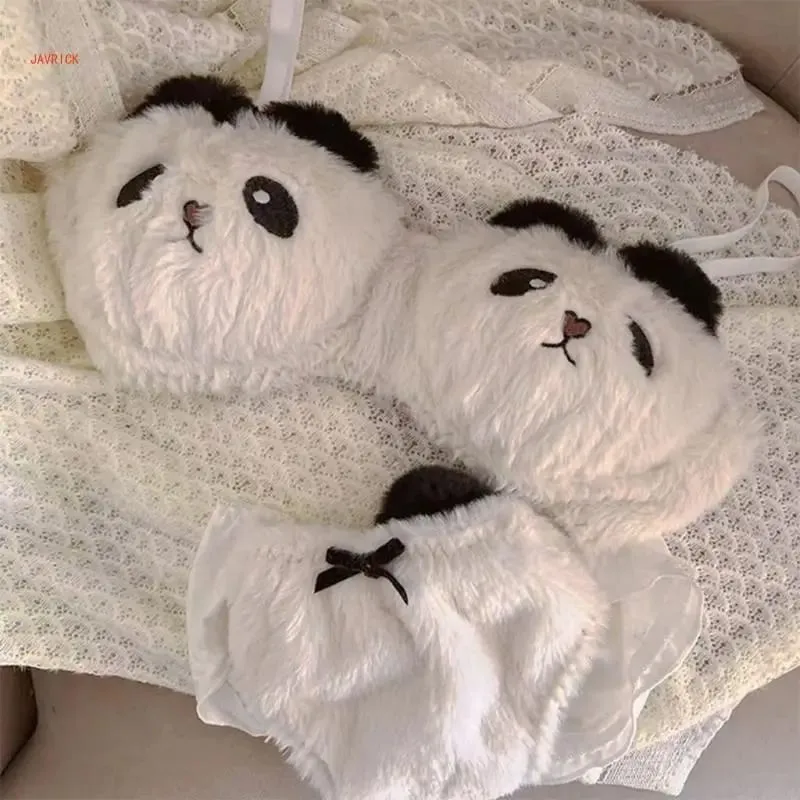 Conjunto de calcinha e sutiã de pelúcia peludo feminino, estampa de panda de desenhos animados, lingerie de inverno, menina escolar, anime japonês, roupa íntima cosplay — image 2