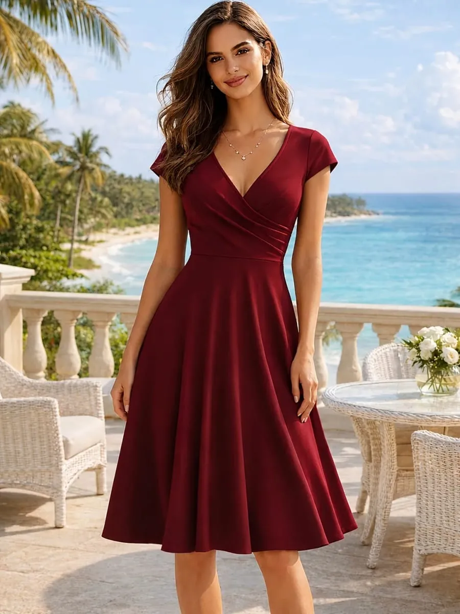 Pambabaeng Elegant Round Neck Summer Short Sleeve Solid A-Line Hanggang Tuhod na Dress High Waist Swagger Party na Kaswal na Pag-alis ng Kasal — image 2