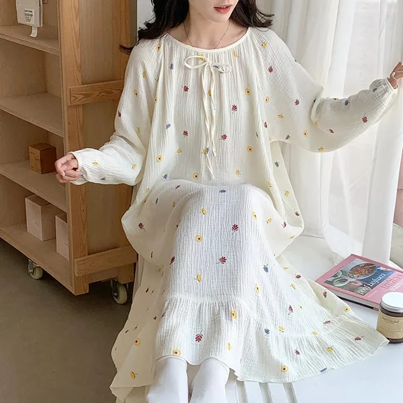 Musselina 100% algodão gaze para mulheres vestido de manga longa botão acima impressão moda casual chique oversized solto feminino vestidos mujer — image 8