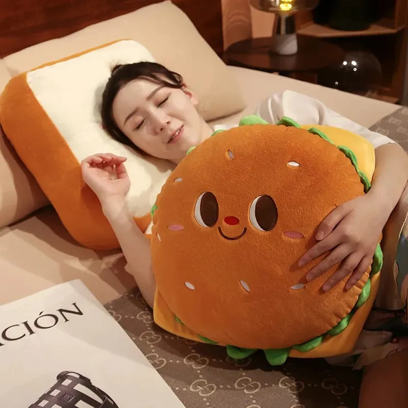 Cute Food Plush Throw Pillow Stuffed Toast Hamburger Cushion Smiling Face Happy Plushie Sofa Home Decor Gift — image 9