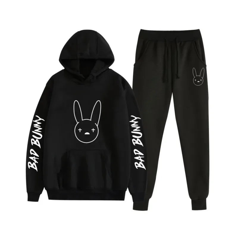Harajuku Bekväm bad bunny Tryck Sweatshirt Träningsbyxor Kostym Dam Luvtröjor+ Byxor Kostym Pojkar/Flickor 2-delat set Kläder — image 56