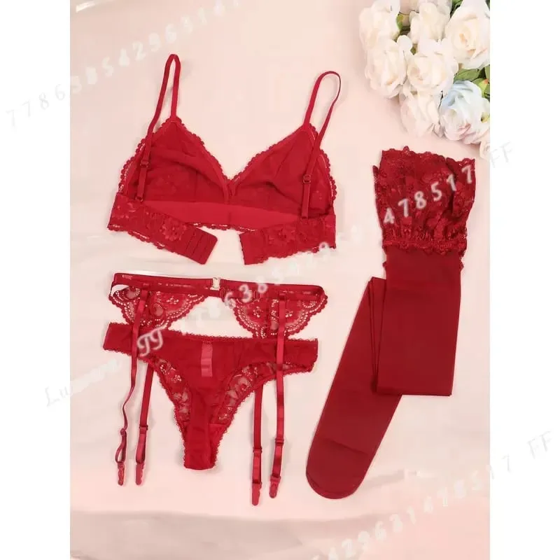 Varsbaby Women Lace Bra Set Non Padded Bra Panty Garter Stockings Summer Underwear Lingerie Sexy — image 2