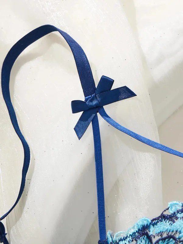 Vintage Blue Satin Lingerie Set Contrast Floral Embroidery Sheer Mesh Underwire Bra Adjustable Strap Thong Panties For Women — image 4