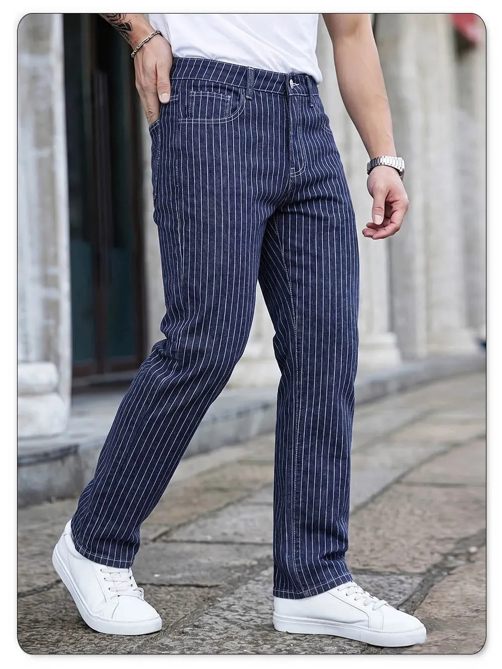 Light Luxury Blue White Striped Jacquard Slim Elastic Fit Straight Leg Jeans Business Casual Style Commuting Denim Pants — image 5