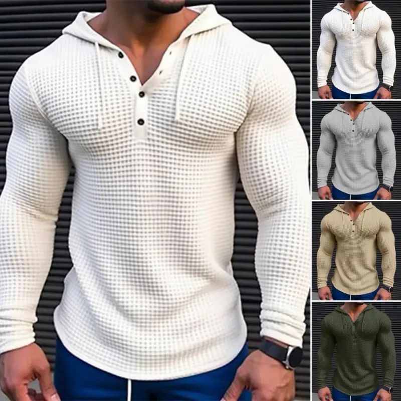 Våren Enfärgad Slim Fit Långärmad T-shirt Herr Huva Andas Sport Topp Våffel Bomull Casual Långärmad Skjorta — image 5