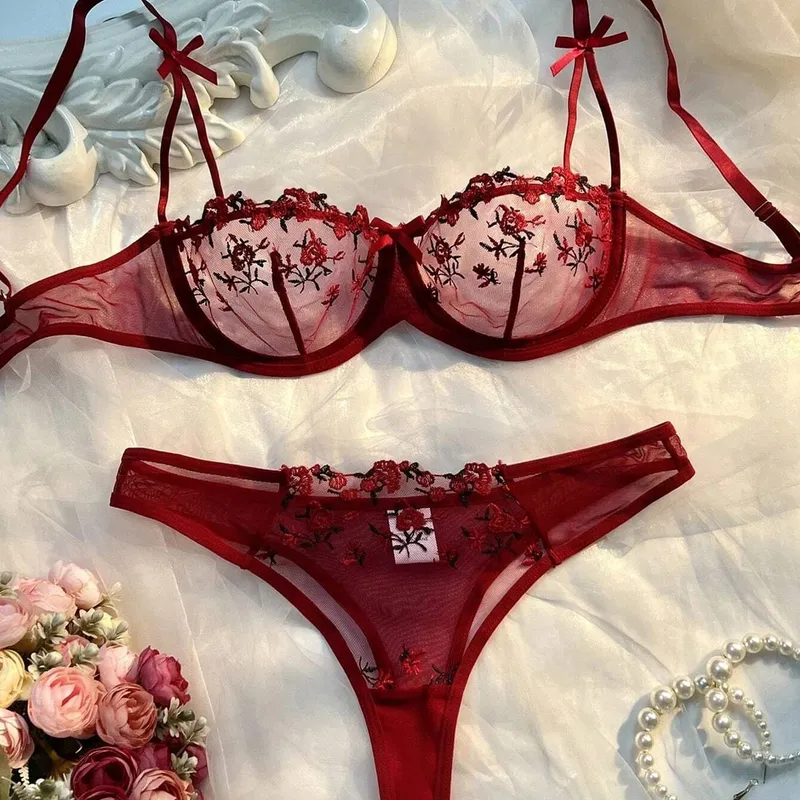 New Pink Transparent Bra Women Lingerie Set Ladies Embroidery Floral Bras Underwear Sets — image 7