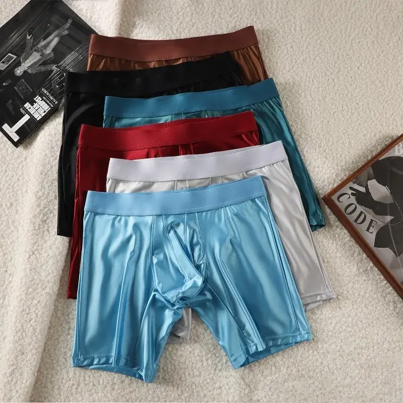 Bright Silky Smooth Underwear Men Stretch Satin Seamless Long Leg Boxer Shorts Bugle Pouch Sport Underpant Club Party Lingerie — image 5