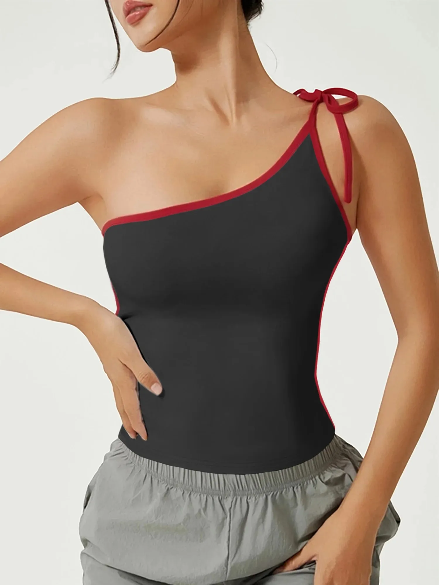 Asymmetric One Shoulder Tie Strap Tank Top Women Red Contrast Trim Slim Fit Crop Cami Summer Y2K Sleeveless Vest — image 2