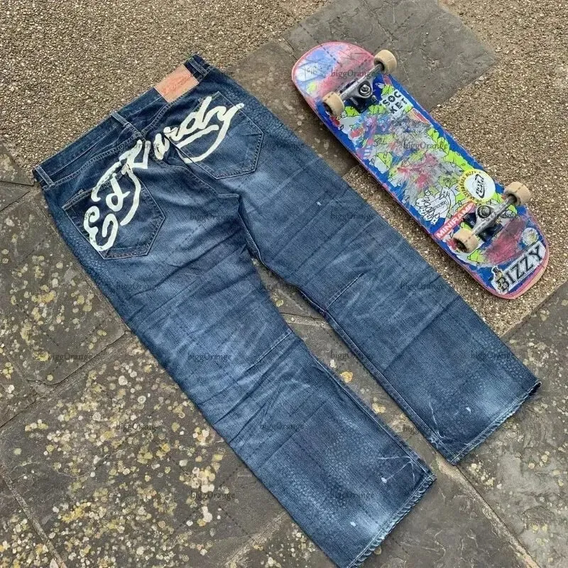 Mens Jeans Streetwear Y2K Vintage Straight Leg Denim Pants Skull Rose Flame Print Design Loose Fit Retro Punk Hip Hop Fashion — image 13