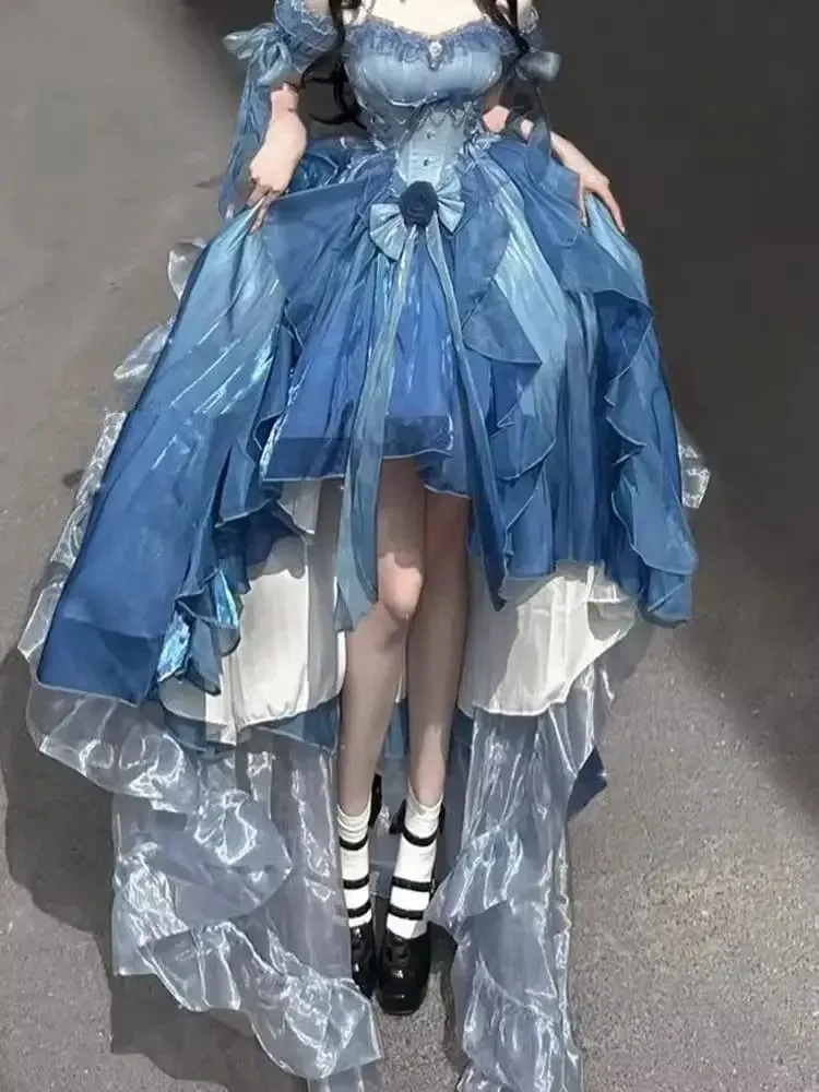 Dophee Original Lolita Trailing Puffy Dress Kvinnor Kort Fram Lång Baksida Prinsessan Blå Blomma Bröllopsklänning Elegant Off Shoulder — image 5