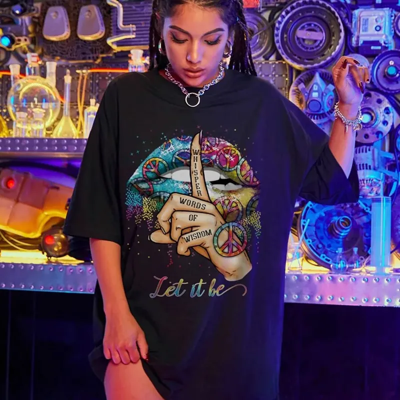 Kvinnor sommar avslappnat mode löst plus storlek bokstav läpptryck mönster tryckt kortärmad sommar T-shirt klänning — image 7