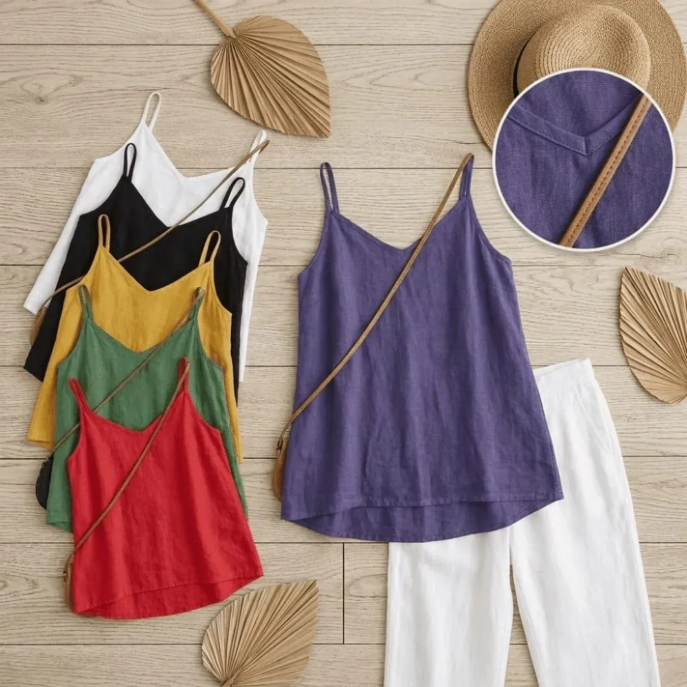 Basic Cotton Linen Spaghetti Strap Top V Neck Sleeveless Sleeveless Tank Top Loose Fit Breathable Camis Top Summer Wear