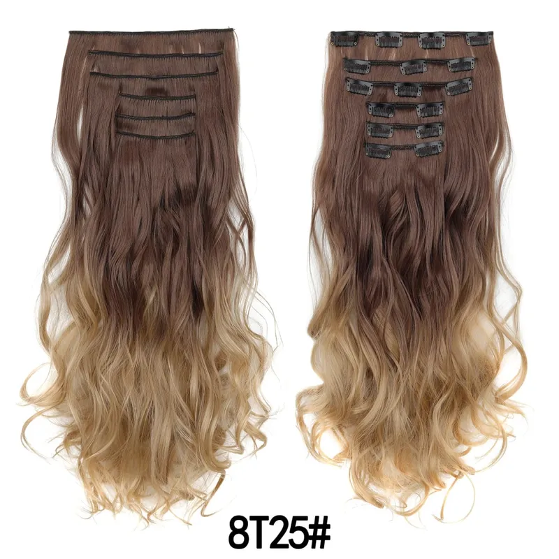Grampo em extensões de cabelo 6 pçs peruca 20 Polegada longo ondulado sintético grosso trama dupla cabelo para mulheres cor gradiente uso diário — image 13