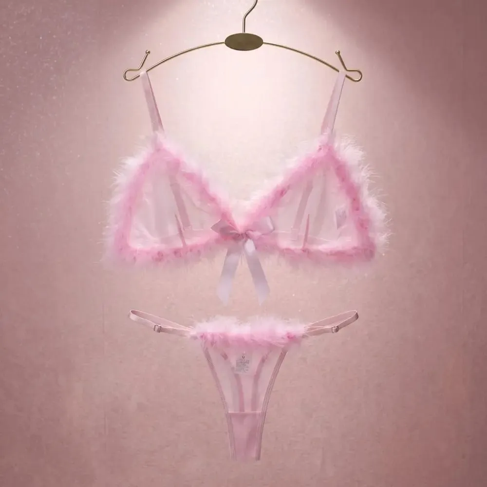 Sweet Furry Women's Underwear Wireless Bow Decor Lingerie Set Mesh Transparent Romantic Intimate Bra Panties Suit Christmas — image 5
