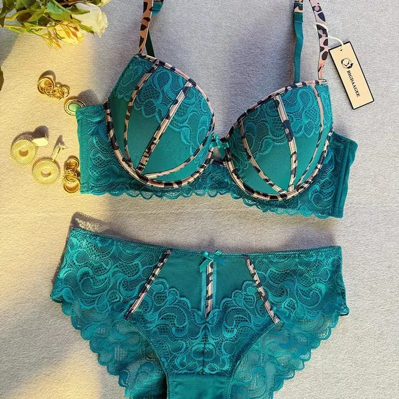 Sexiga kvinnor Push Up BH Europa 3/4 kopp Spets Blommor Broderi Underkläder Set Leopard Bandage Justerbar rem BHar Plus Size BCDE