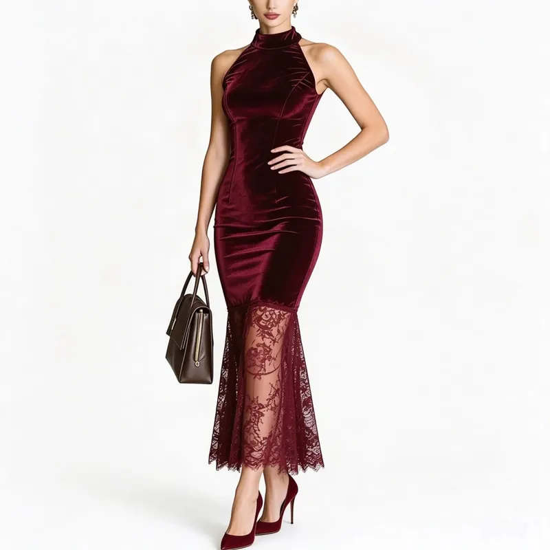 Women High Halter Neck Velvet Midi Dress Sleeveless Bodycon Mermaid Lace Hem Evening Party Formal Dress