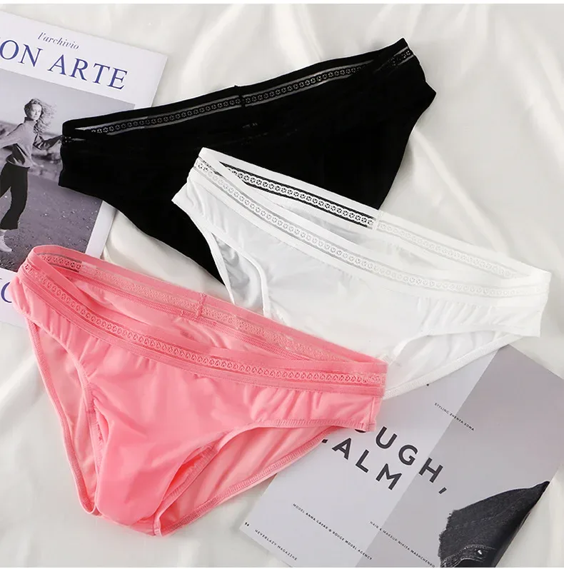 1/3PCS Men's Ice Silk Briefs Ultra-thin Quick Dry High Elastic Lace Waistband Panties Sexy Seamless Breathable Bikini Underwear — image 4