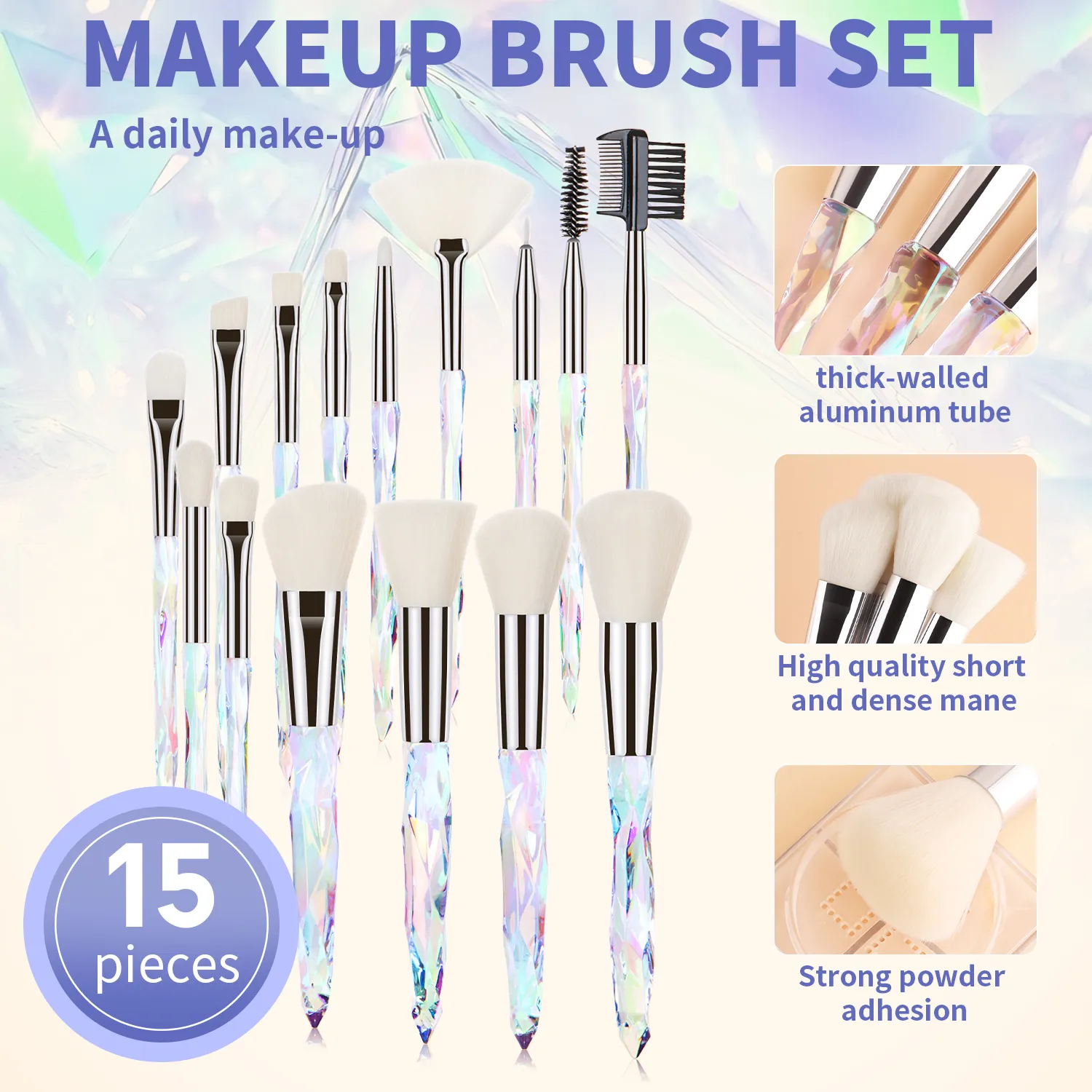 Professional 15Pcs Makeup Brushes Kit Dense Soft Bristle Crystal Handle Face Eye Cosmetic Brushes For Beginner Daily Makeup — image 1