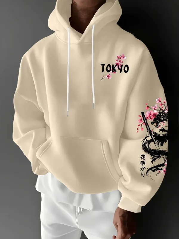 Bagong Men's Anime Dragon Cherry Blossom Printed Hooded Sweatshirt Winter Fleece Warm Casual Street Comfort Inspired Design Hoodie — image 4