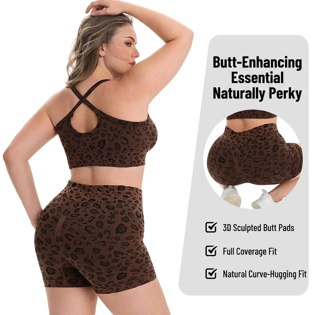 Women Plus Size Leopard Print Workout Set High Waist Tummy Control Shorts Padded Racerback Sports Bra 2PCS Gym Yoga Running Wear