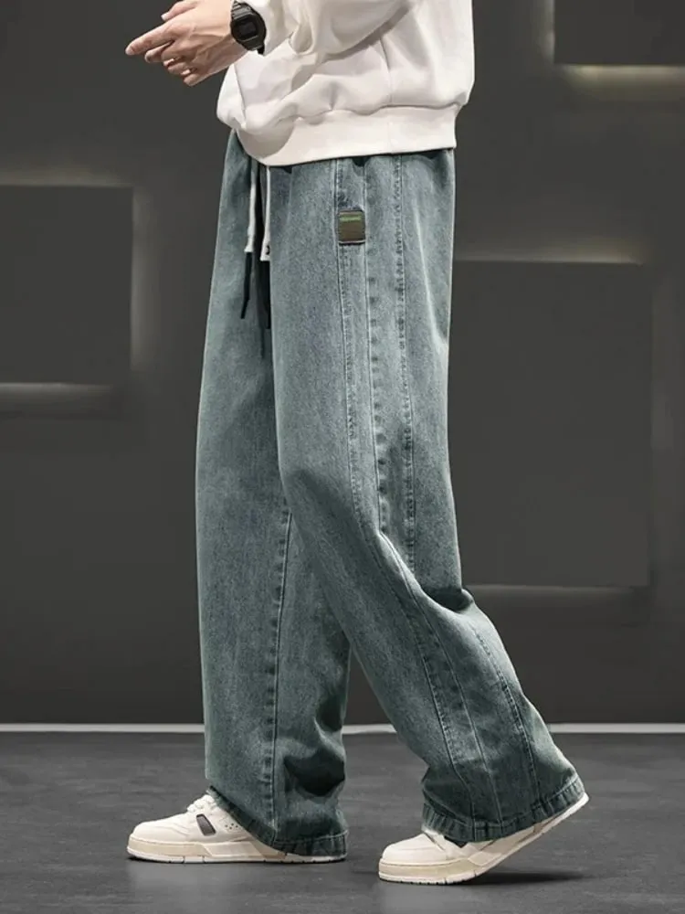 Spring New Wide Jeans Men Straight Vintage Drawstring Trousers Loose Pants Casual Solid Color Fashion Pants Big Size — image 2