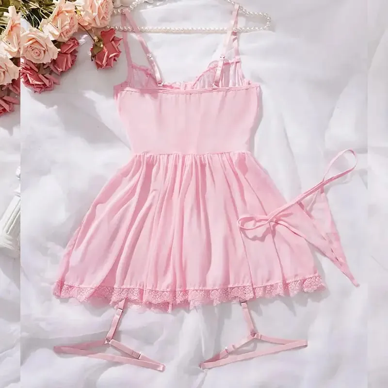 Pink Cute G-strings Lingerie Set Erotic Night Dress Sexi Lenceria Suspenders Ultra-thin Underwear Women Hot Semi-Sheer Nightgown — image 2