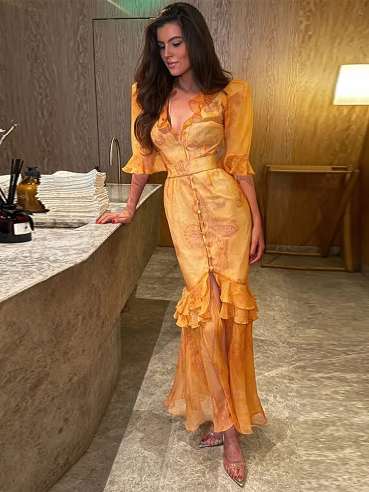 Elegant Ruffle Women's Long Dresses V Neck Half Sleeve Button Waist Cinching Pleated Dress 2026 Spring Lady Fashion Party Robes — image 5