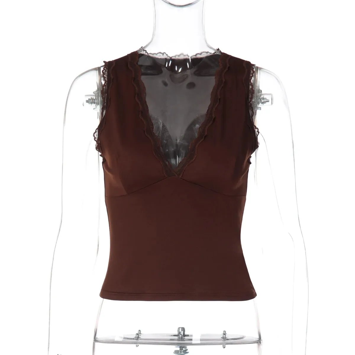 Hugcitar Women'S Fashion V Neck Patchwork Lace Sexy Slim Crop Tank Top Summer Female Clothes Streetwear Vacation Night Club — image 7