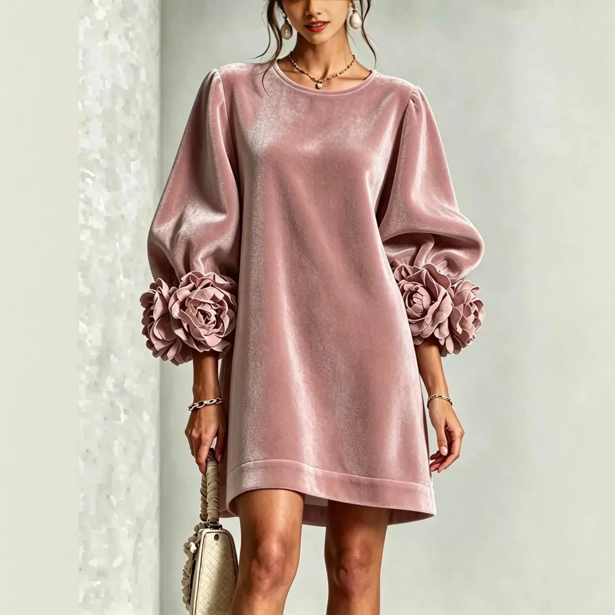 Autumn Winter Women Velvet Mini Dress O Neck Puff Long Sleeve 3D Flower Cuff Decor Loose Casual Hot Hit Fashion Short Dresses — image 4