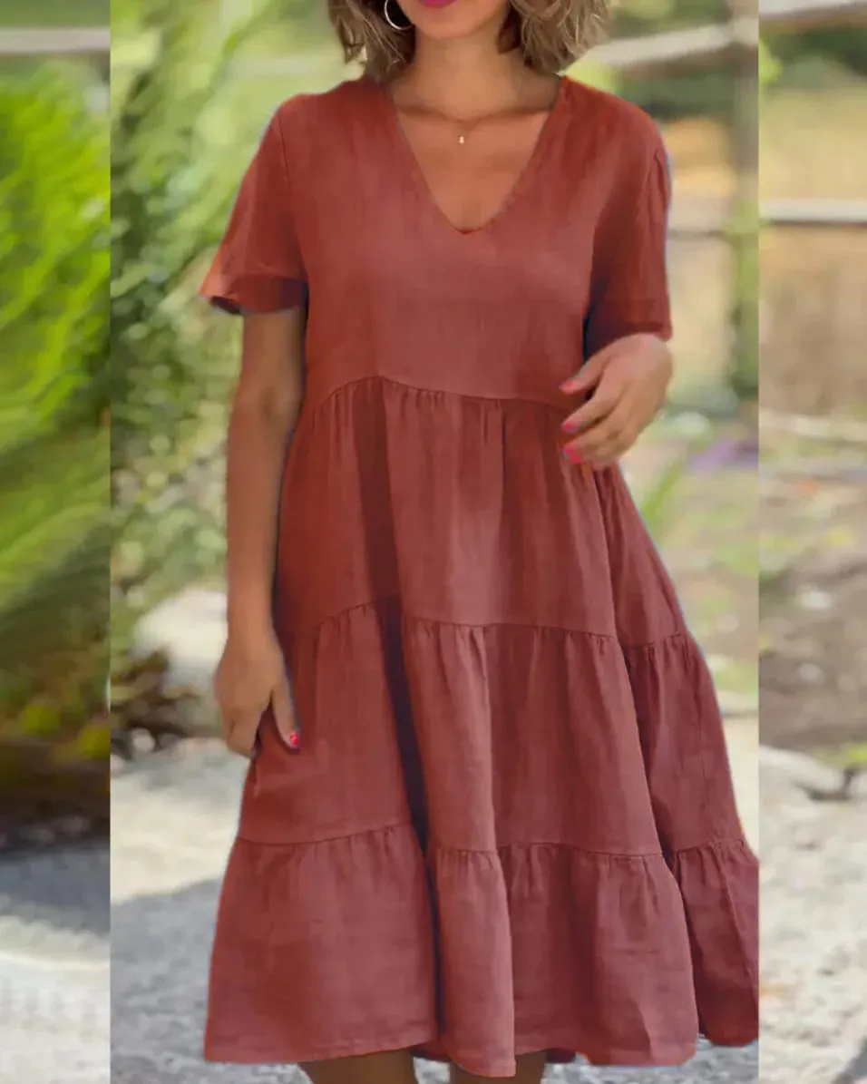 Vestidos femininos casuais de linho de algodão 2025 primavera/verão doce manga curta sólida decote em v grande balanço vestido solto S-5XL — image 4
