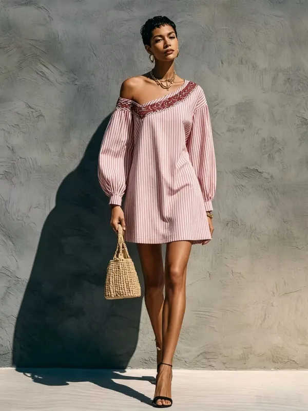 Loose Simple Dress With Stripes Fashionable Autumn Winter Street Style Long Sleeved Embroidered Shoulder Length Short Dresses — image 3