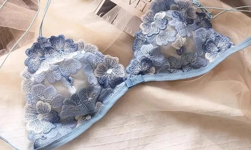 Set Lingerie Ceruk Perancis Bra Nirkabel Cup Segitiga Jaring Bordir Bra Nyaman Seksi Tipis Berenda Retro USA Tushy MOYISU — image 9