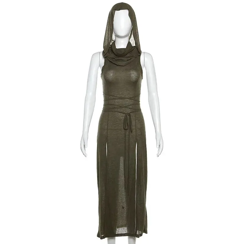 Goth Dark Cyber Gothic Desert Walker Hooded Klänningar Y2k Punk Grunge Hollow Out Midiklänning Dam Sexig Split Side Solid Streetwear — image 8
