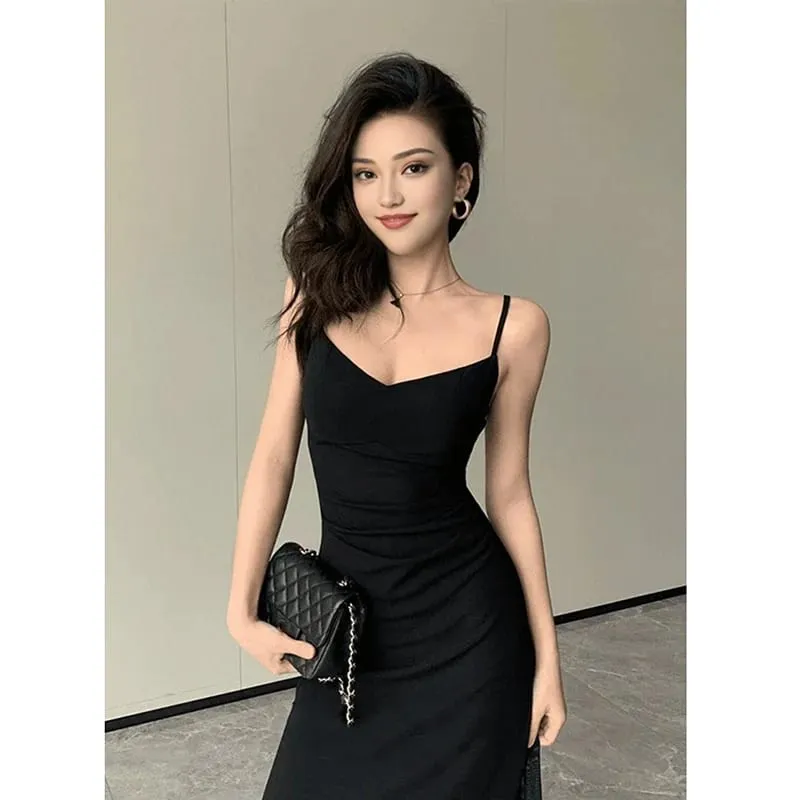 Vestido coreano com alça espaguete, decote em v, sexy, costas nuas, cintura apertada, vestidos de festa femininos, elegante, preto, transparente, midi, novo — image 3