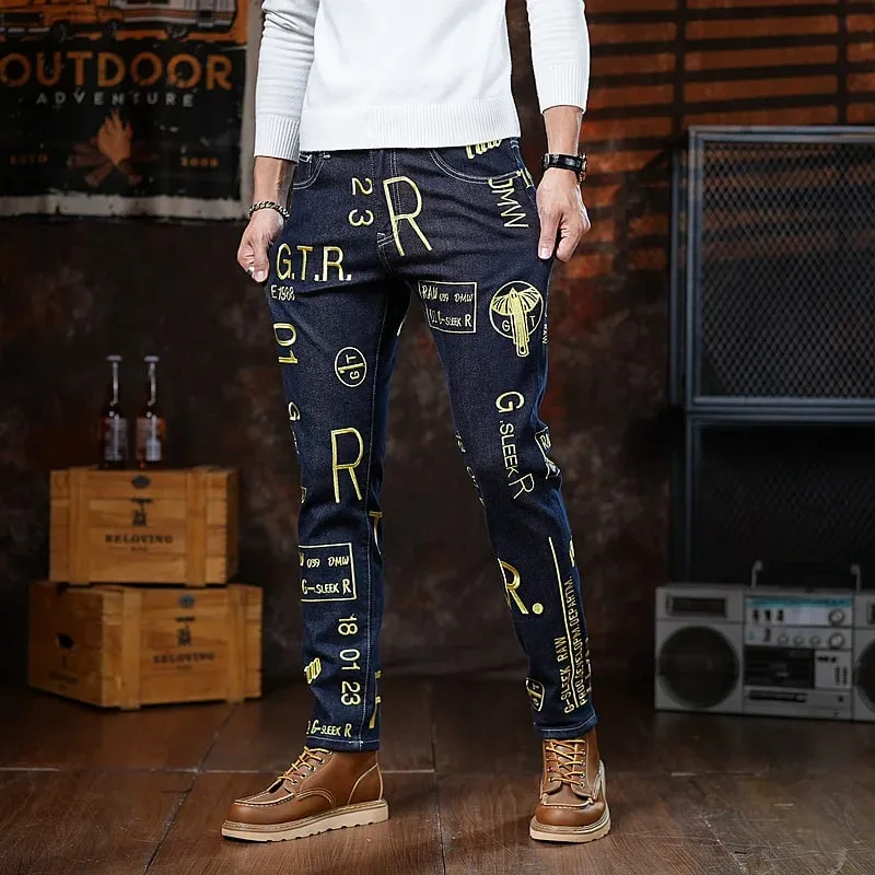 High end 2025 autumn new slim fit small leg pants for men personalized embroidery printed fashion trend jeans — image 4