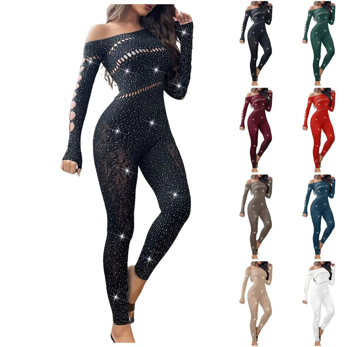 Women Sexy Mesh Rhinestone Jumpsuit Long Sleeve See Through High Stretch Body Stockings Jumpsuit Club Plus Size Stock Lingerie