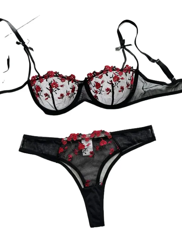 Night Beautiful Sexy Women 2 Piece Floral Embroidery Underwear Sexy Erotic Lingerie Underwear Set
