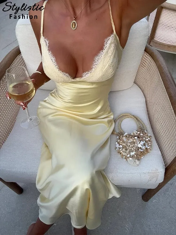 Elegante feminino rendas retalhos vestido fino sem costas cinta de espaguete vestidos femininos 2026 primavera verão chique senhora praia robe — image 2
