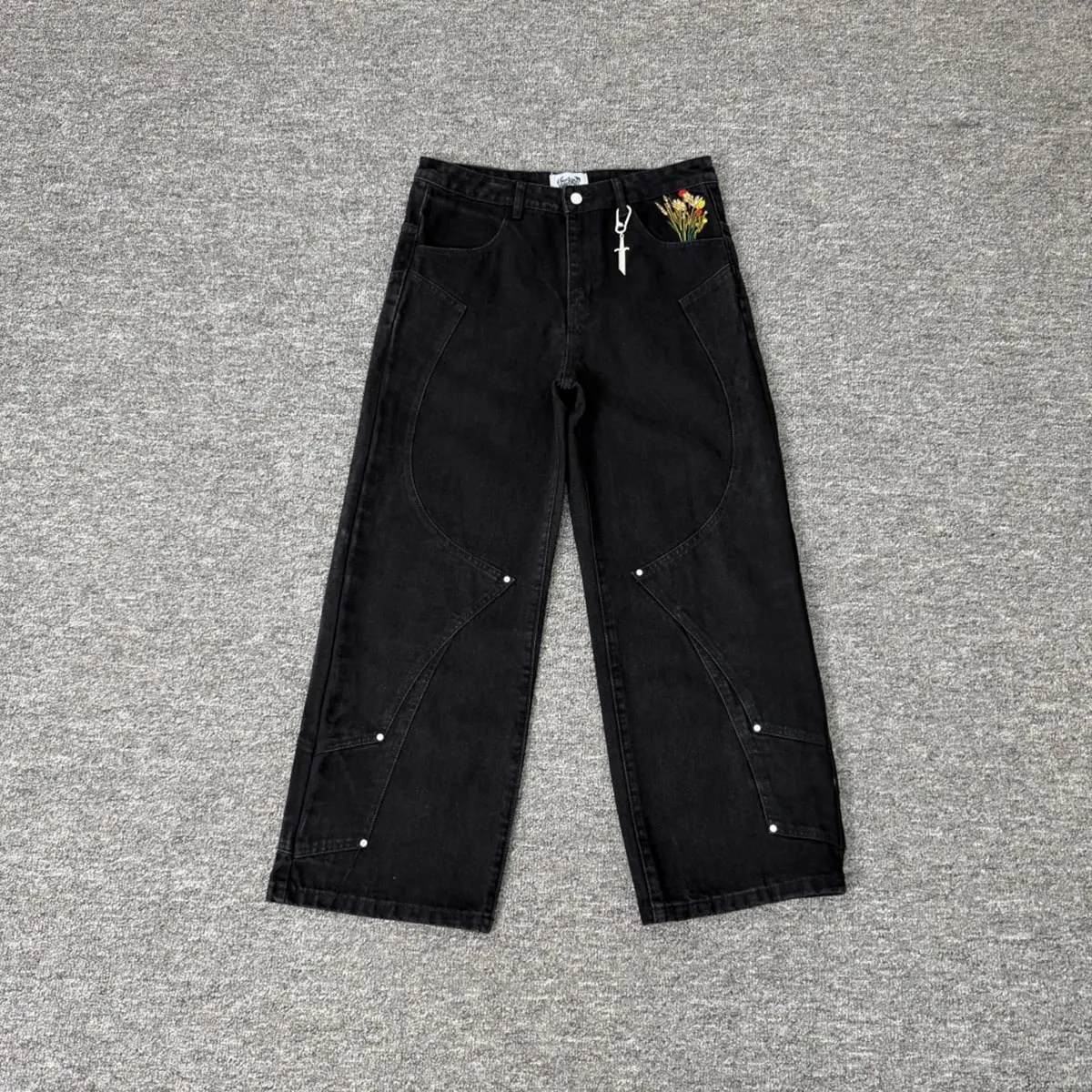 Streetwear Floral Embroidery Washed Baggy Jeans Pants for Men and Women Straight Casual Loose Denim Trousers Oversized