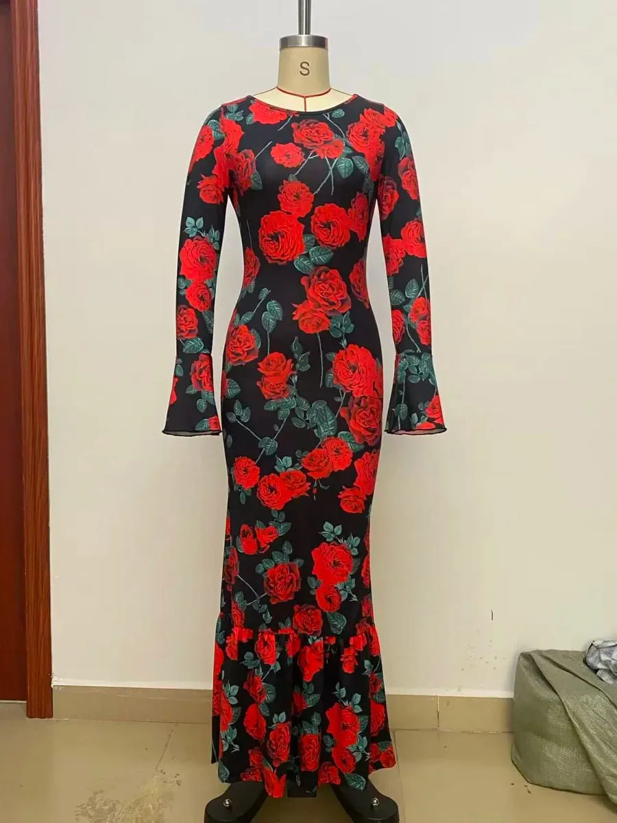 Elegant Rose Printed Maxi Dress O Neck Long Sleeves Bodycon Fishtail Dress Figure Slim Rose Floral Pattern Adds Charm Long Dress