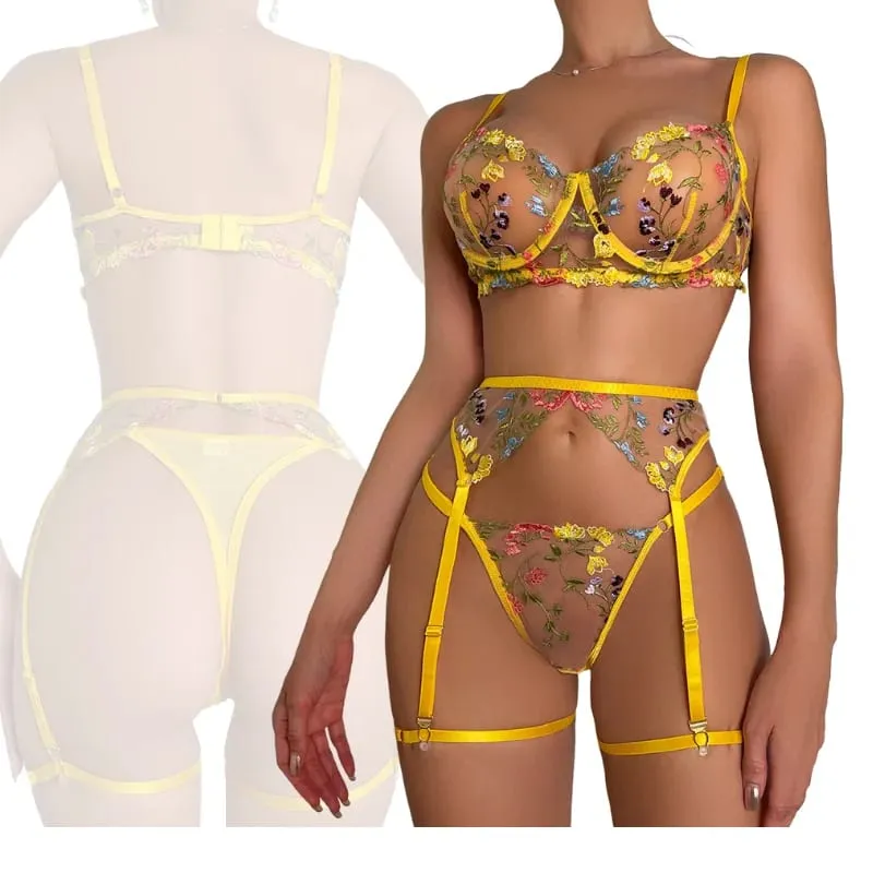 Clearance Random Color Sexy Lingerie Set 3 Pcs Floral Embroidery Sheer Lace Bra Garter Belt Panty Intimate Underwear Kit — image 4