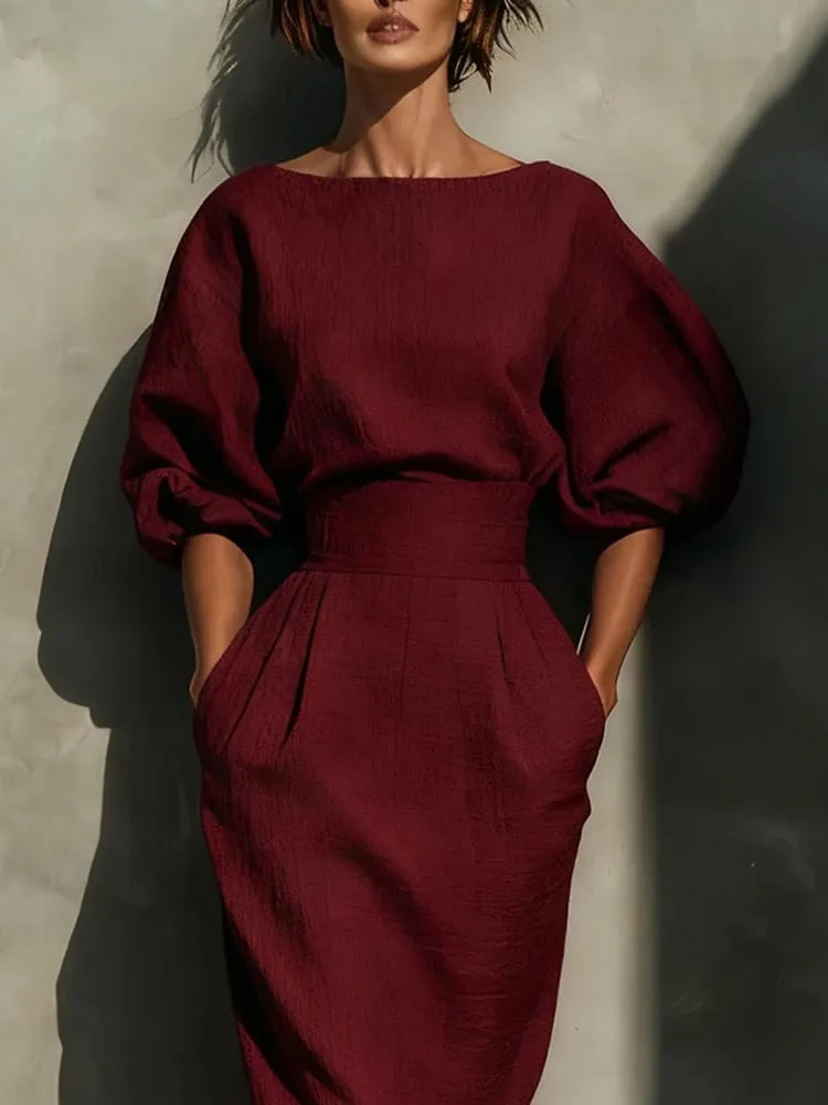 Elegante moda sólida festa a-lien vestido casual o-pescoço lanterna manga bolso vestido temperamento cintura alta plissado envoltório hip vestido — image 4