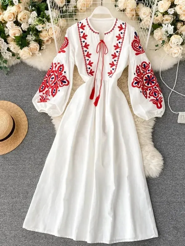 Women Autumn Dresses Bohemian Embroidered Flower O-Neck Lantern Sleeve High Waist Pleated Dress All-match Female Vestidos PL393 — image 2
